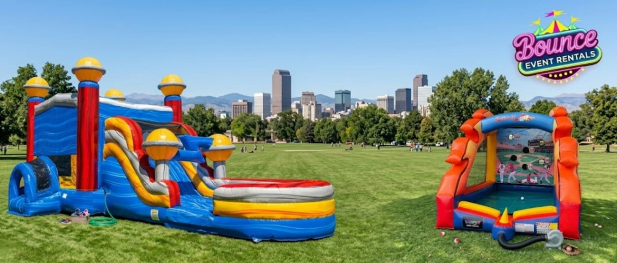 Bounce house rental on a wooded mountain lot in Conifer, Colorado.