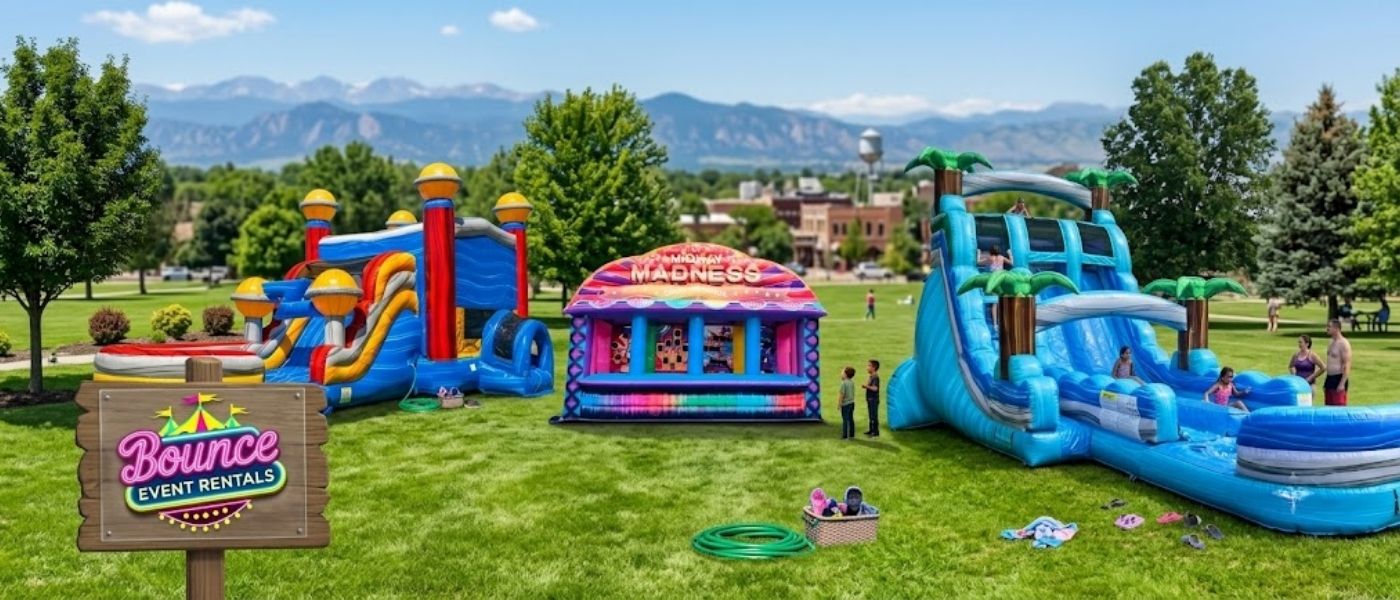 Bounce house rental set up in a Littleton, Colorado backyard