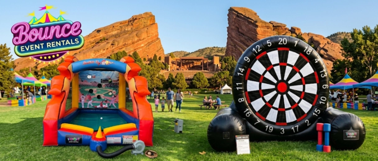 Bounce house rental at a Morrison ranch party near Red Rocks.